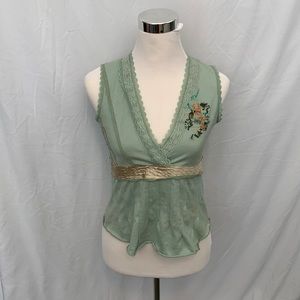 Anthropologie green embroidered sleeveless top